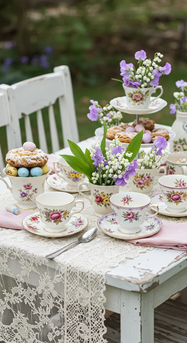 Tasses en porcelaine fleuries utilisées comme vases pour des bouquets de violettes et de muguet.