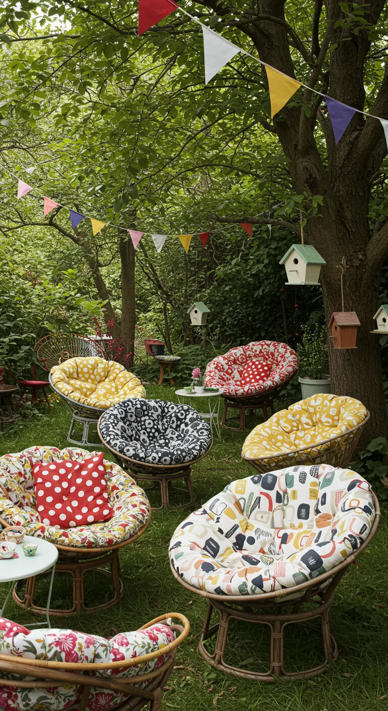 Fauteuils papasan aux motifs variés dans un jardin verdoyant avec guirlandes et nichoirs.