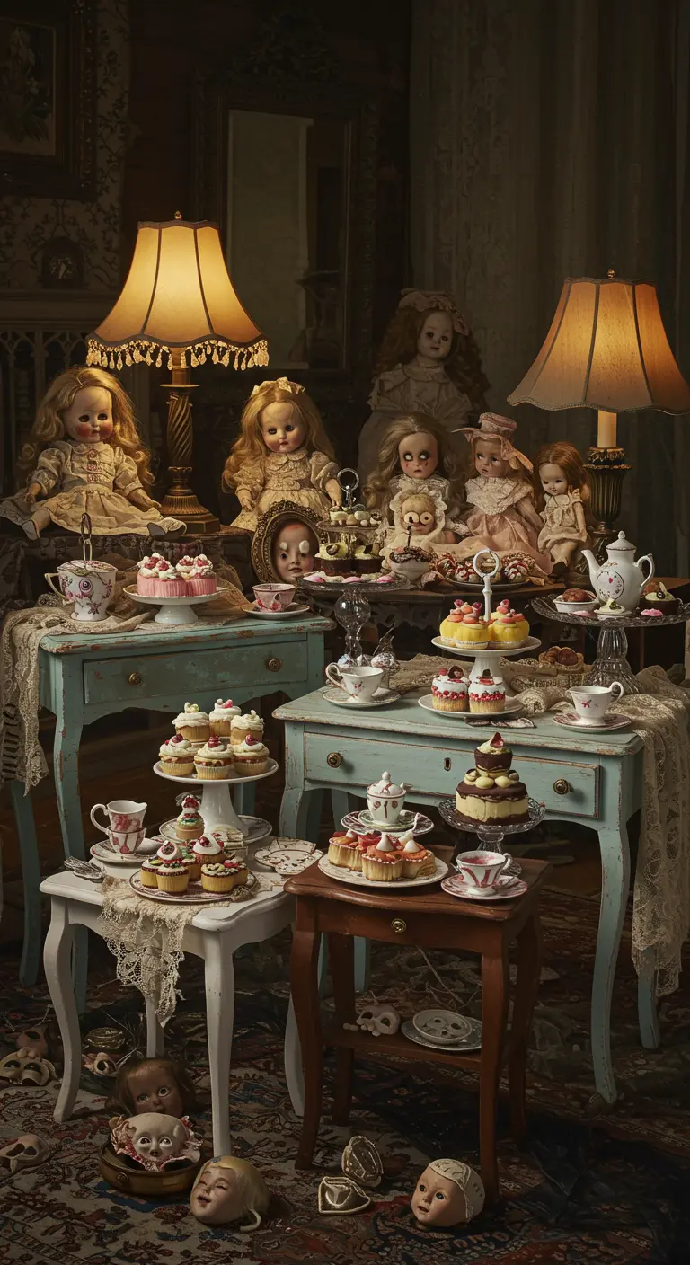 Buffet de thé hanté avec poupées anciennes, dentelle, tasses vintage.
