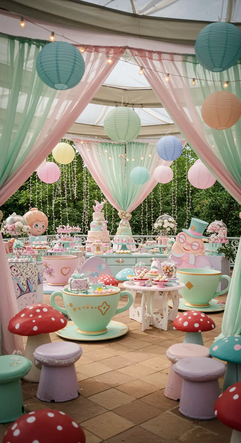 Terrasse décorée thème Alice au Pays des Merveilles avec tasses géantes et lampions.