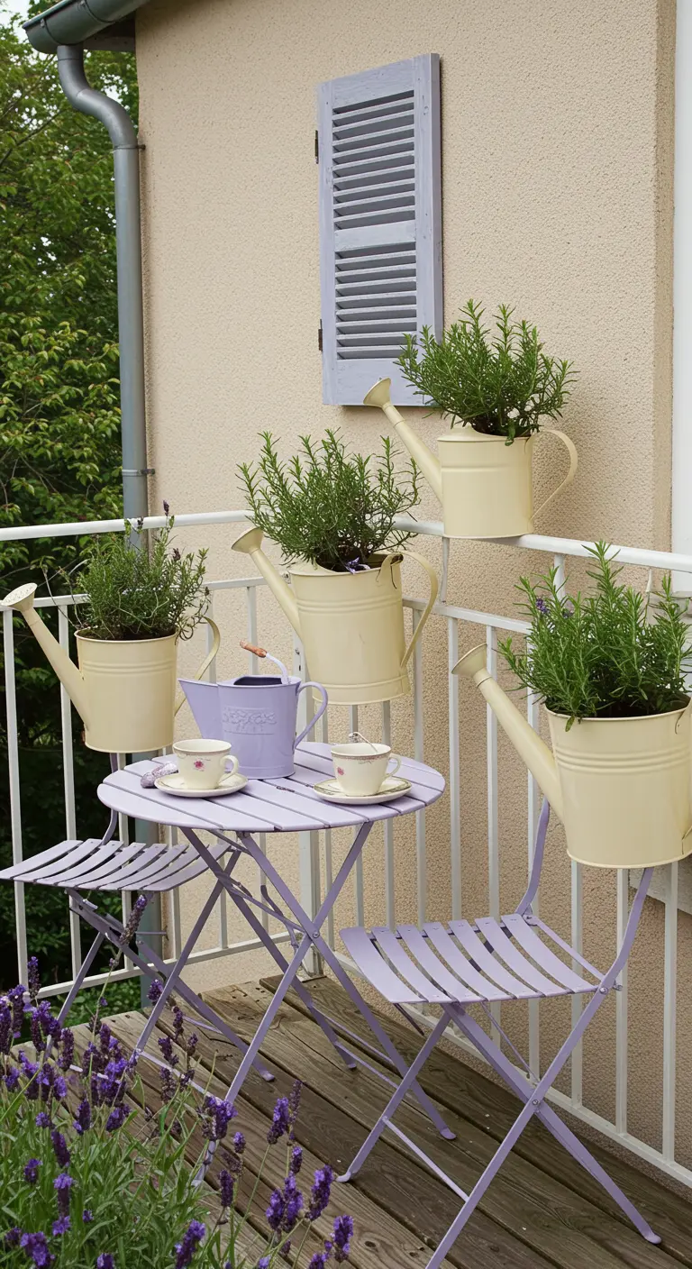 Balcon de style provençal avec des arrosoirs utilisés comme jardinières murales.