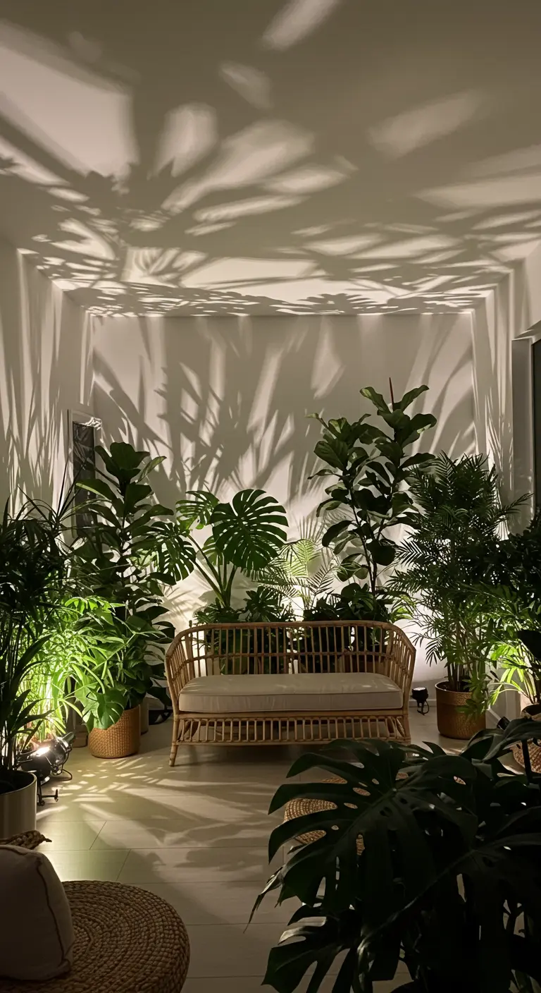 Ombres de plantes projetées sur un mur blanc par des spots au sol.