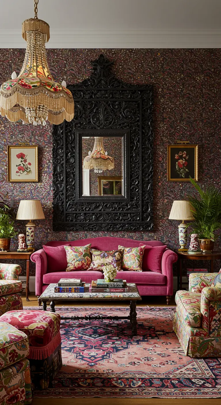 Grand miroir noir sculpté sur un mur tapissé de motifs floraux, au-dessus d'un canapé rose.