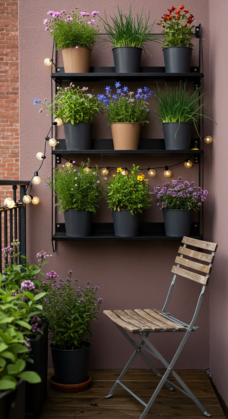Étagère murale noire avec des plantes en pot et une guirlande lumineuse sur un balcon.