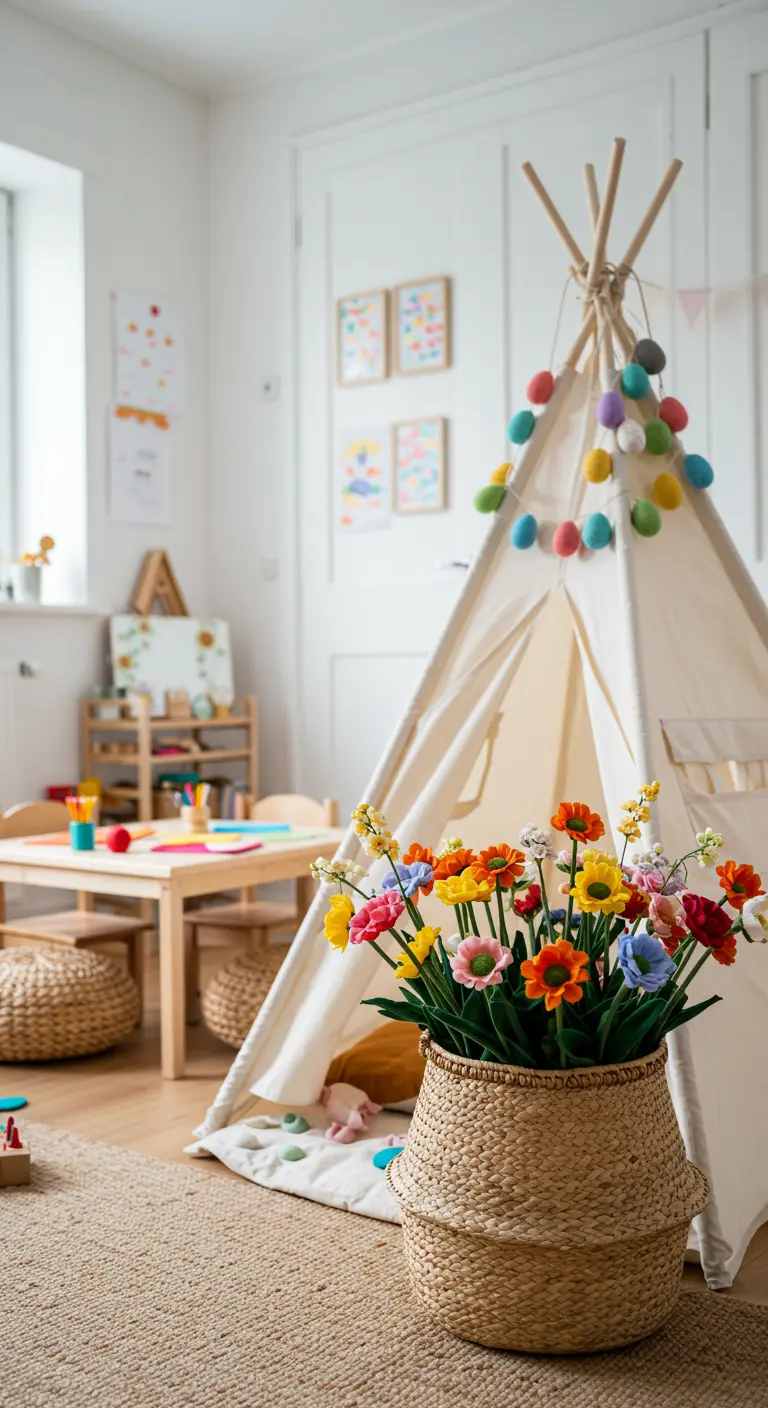 Tipi d'enfant décoré d'une guirlande de pompons et d'œufs, avec des fleurs.