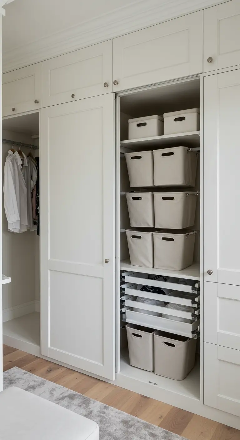 Placard blanc avec étagères coulissantes et bacs de rangement en tissu.