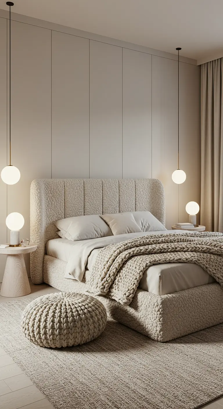 Chambre ultra cosy avec lit et pouf en tissu bouclette écru.