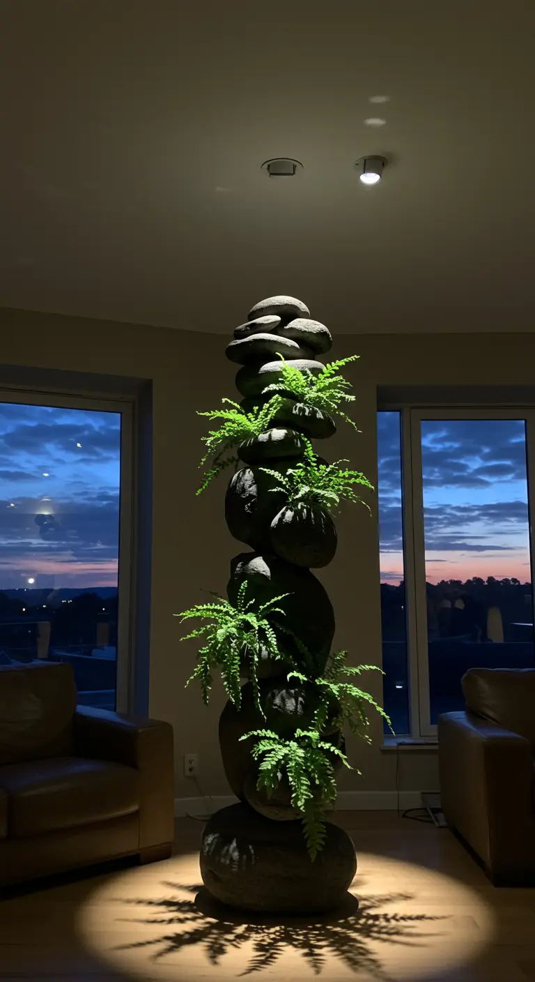 Une sculpture de pierres sombres empilées avec des fougères poussant dans les interstices.