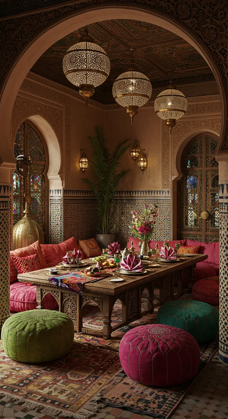 Serviette pliée en tourbillon oriental sur une table basse avec coussins et poufs
