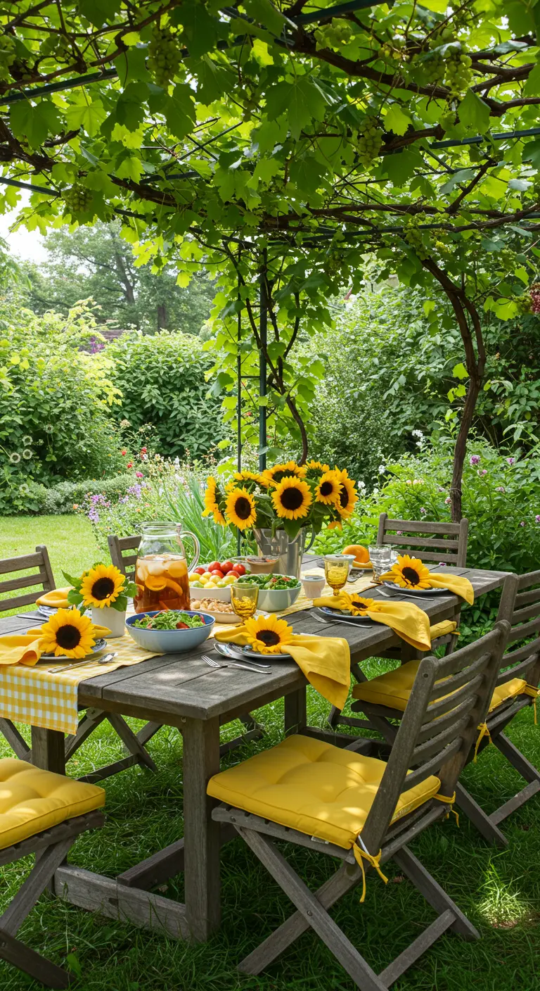 Table de jardin en bois avec des serviettes jaunes pliées en forme de tournesol.
