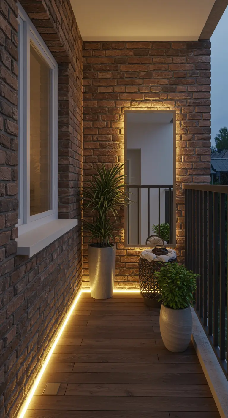Balcon avec un éclairage architectural par bandes LED au sol et autour d'un miroir.