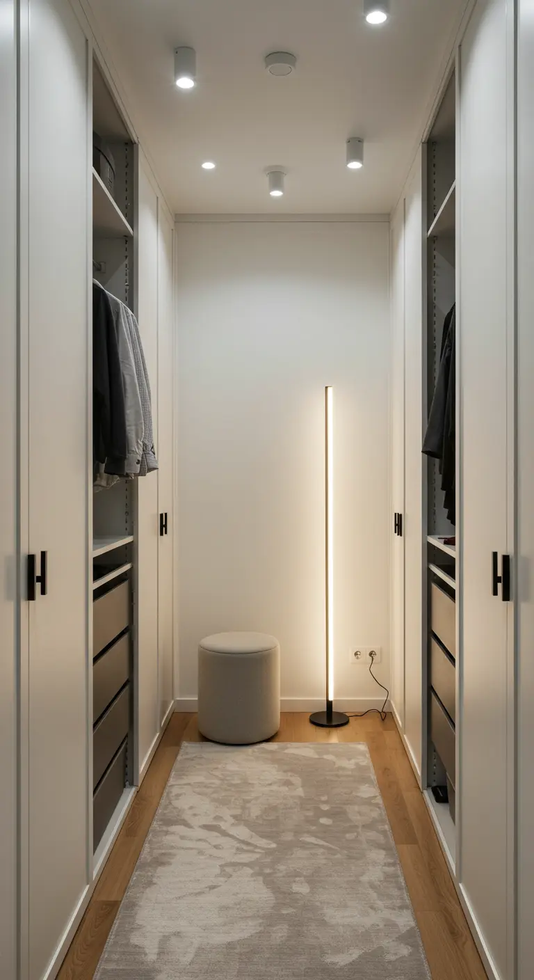 Dressing couloir blanc et minimaliste avec un lampadaire LED extra-fin.