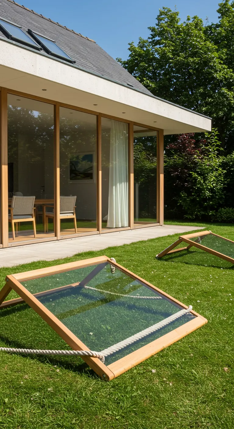 Deux transats design en bois clair avec une surface en verre, posés sur une pelouse verte devant une maison moderne.