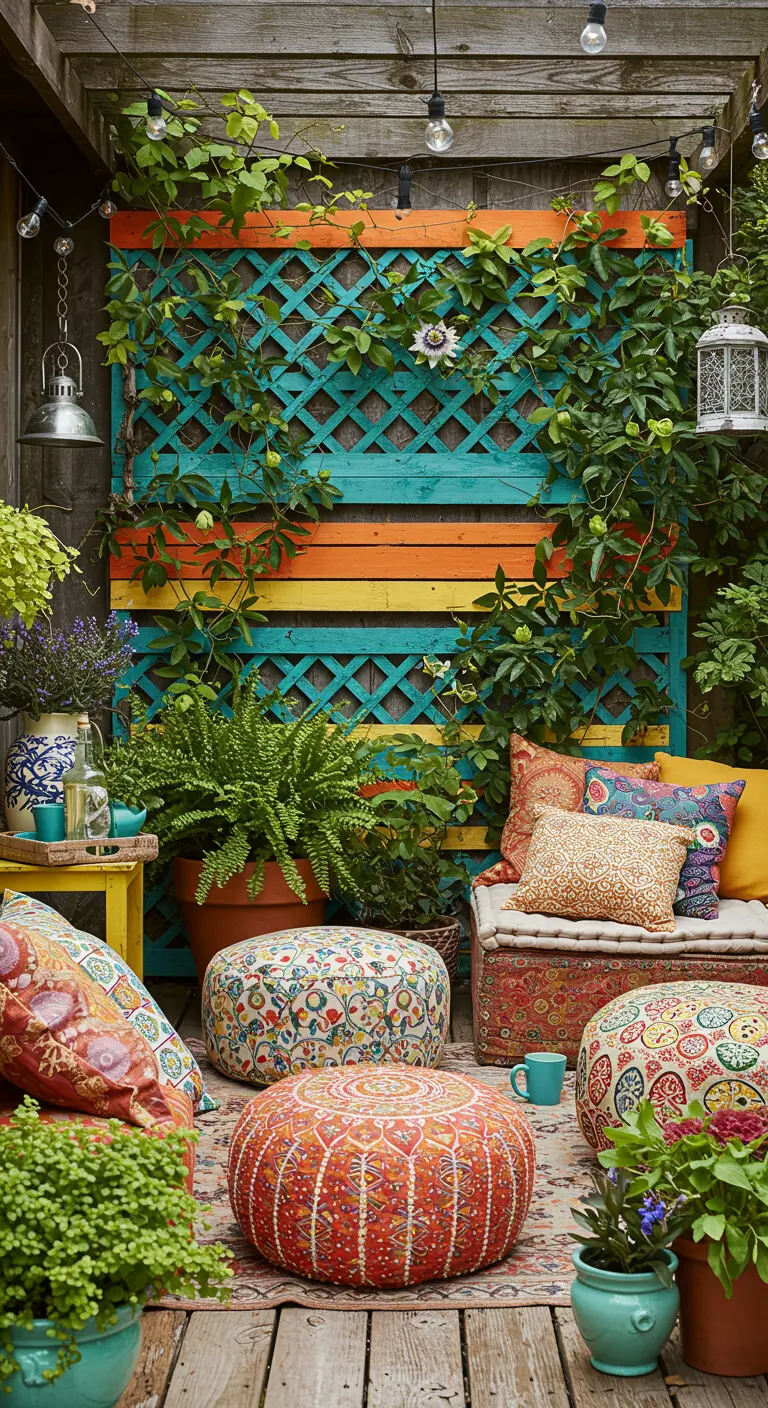 Terrasse au style bohème avec un treillis coloré turquoise et orange, une passiflore grimpante et des poufs au sol.