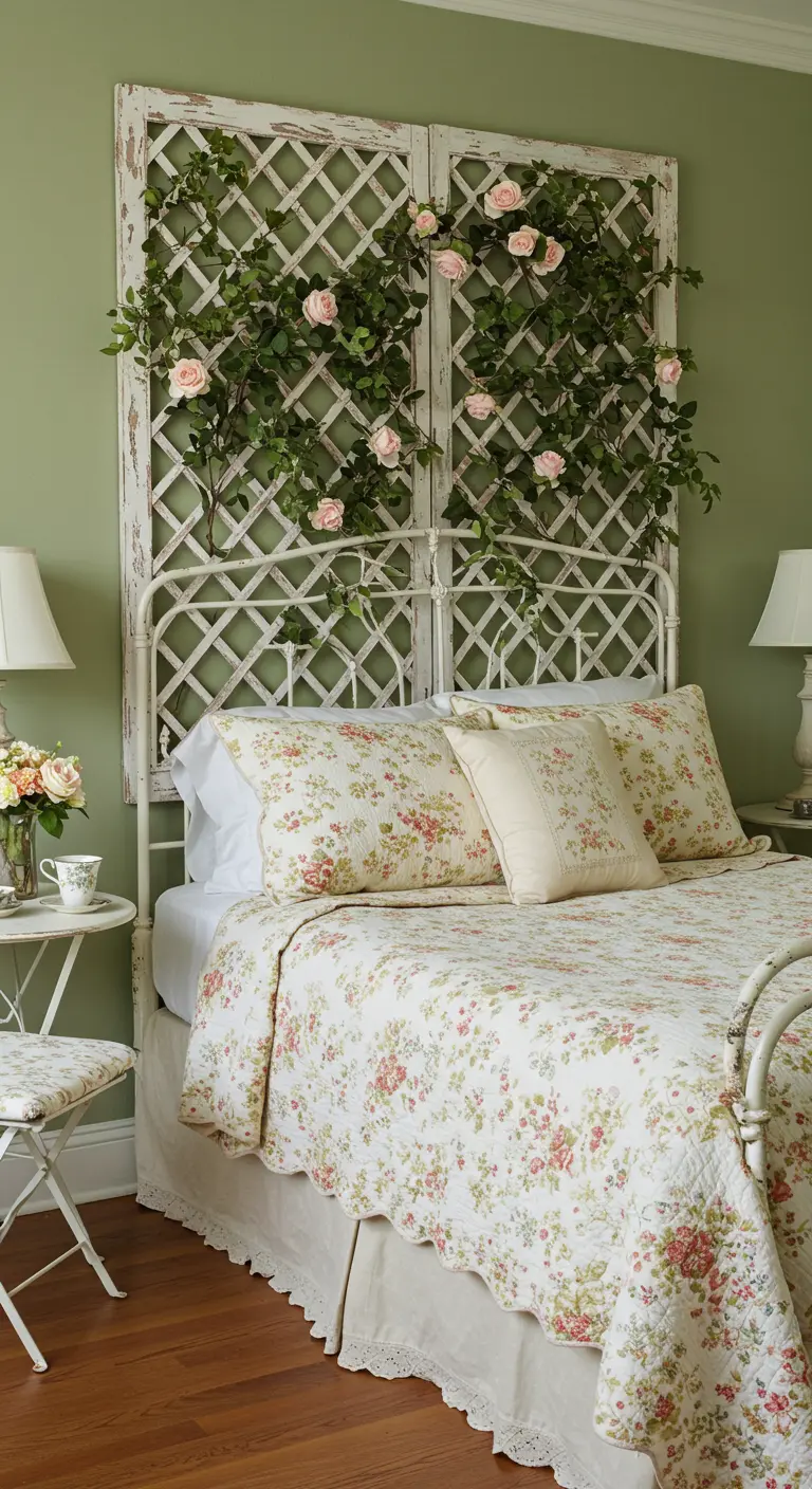 Deux treillis de jardin en bois blanc ornés de rosiers grimpants, servant de tête de lit.