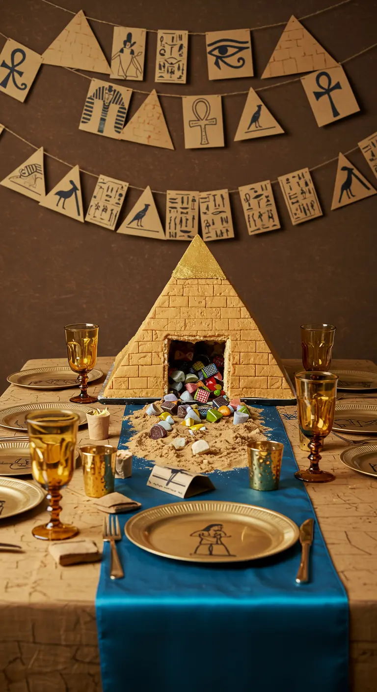 Table sur le thème de l'Égypte antique avec pyramide, hiéroglyphes et vaisselle dorée.