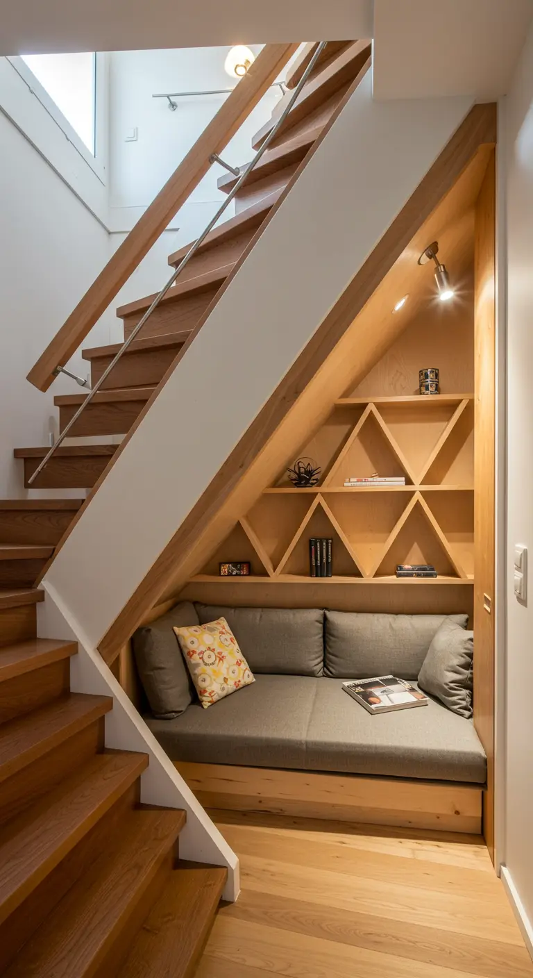Coin lecture aménagé sous un escalier en bois avec banquette et étagères.