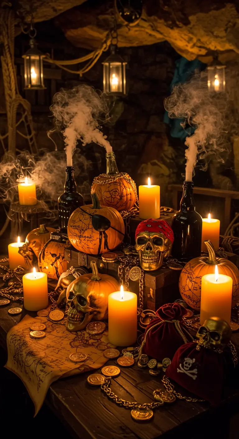 Table d'Halloween thème pirate avec citrouilles dorées, crânes, cartes et bougies fumantes