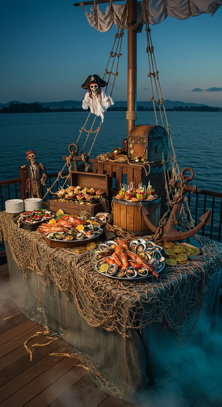 Buffet Halloween thème pirate sur un bateau, fruits de mer, filet de pêche, squelettes pirates.