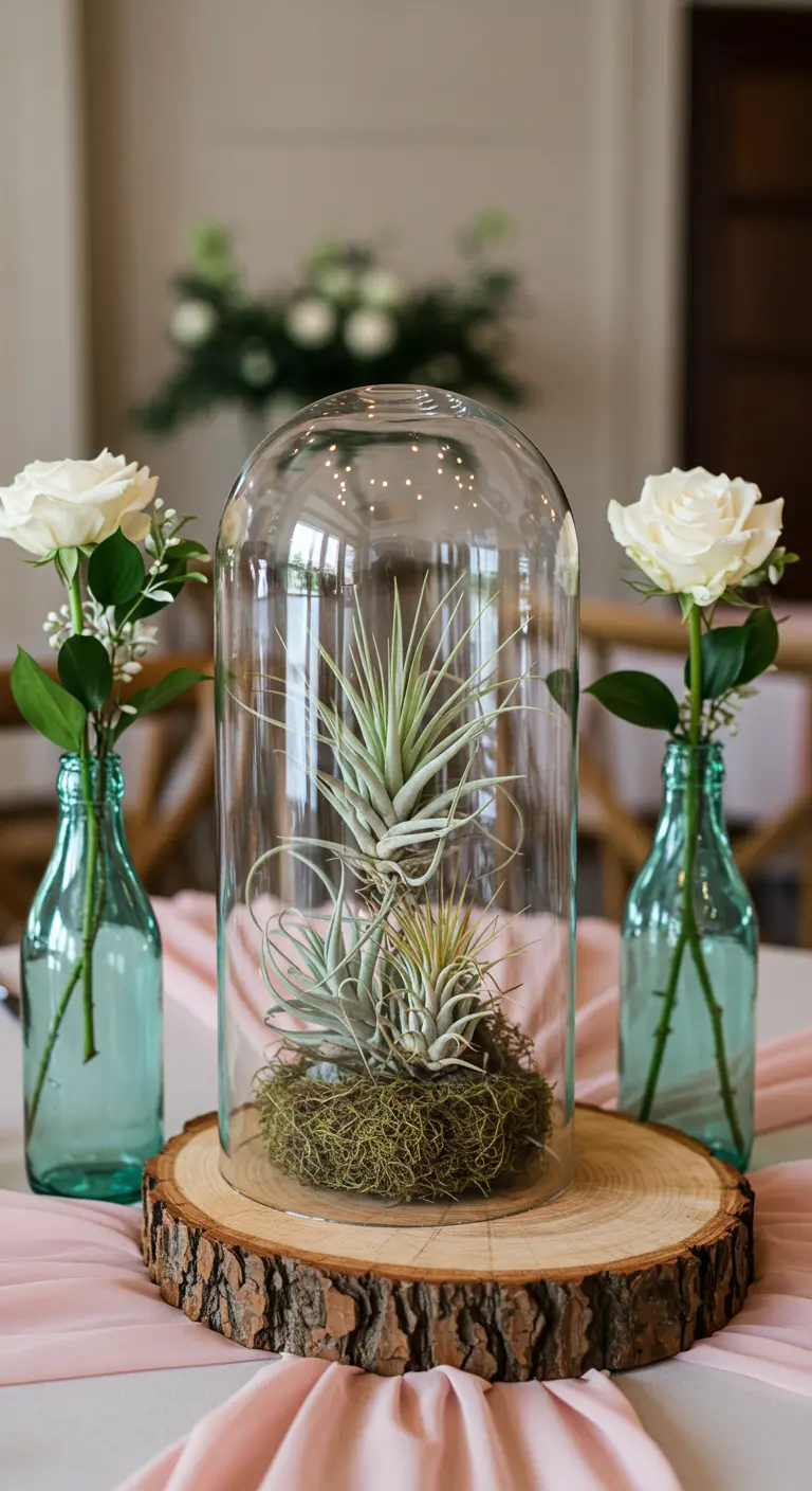Cloche en verre avec plantes aériennes sur un rondin de bois.