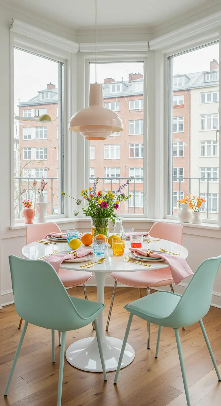 Coin repas lumineux avec table ronde blanche, chaises colorées et fruits frais sur la table.