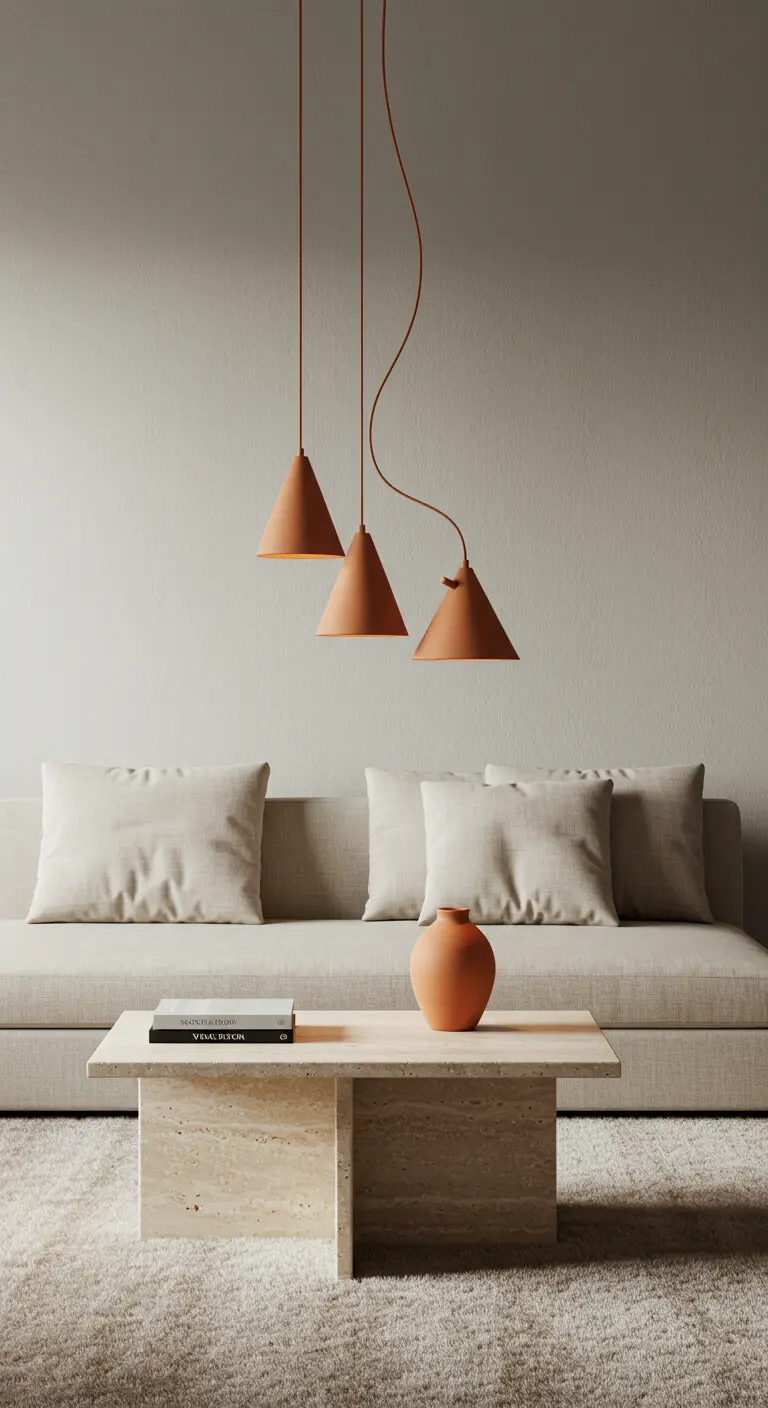 Trois suspensions coniques en terre cuite suspendues au-dessus d'une table basse en travertin.