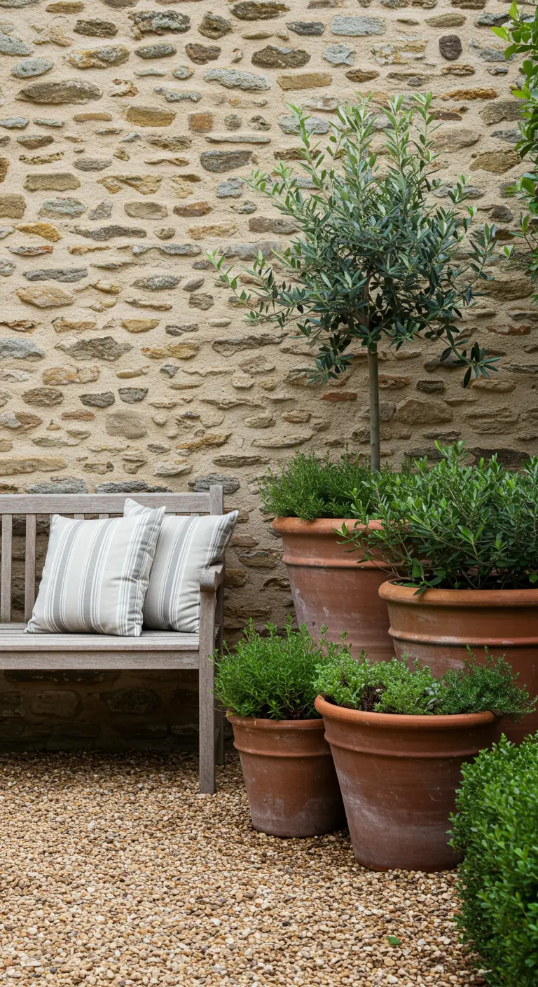 Groupe de pots en terre cuite de différentes tailles avec un olivier et des herbes aromatiques.