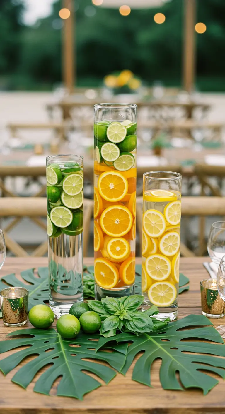 Trio de vases cylindriques remplis de rondelles de lime, d'orange et de citron.