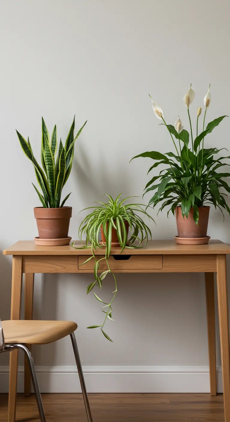Trio de plantes d'intérieur (Sansevieria, Chlorophytum, Spathiphyllum) sur un bureau en bois.