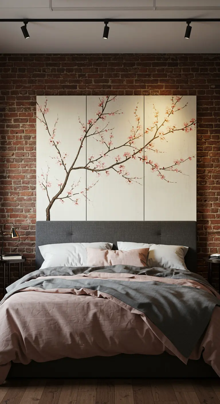 Triptyque de fleurs de cerisier peint sur toile derrière un lit, contre un mur de briques.