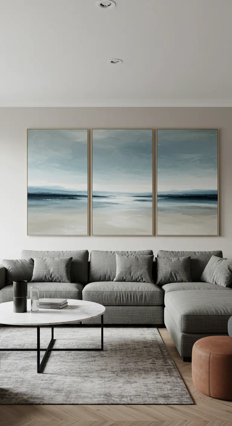 Triptyque de trois grandes toiles verticales représentant un paysage marin abstrait, au-dessus d'un canapé.