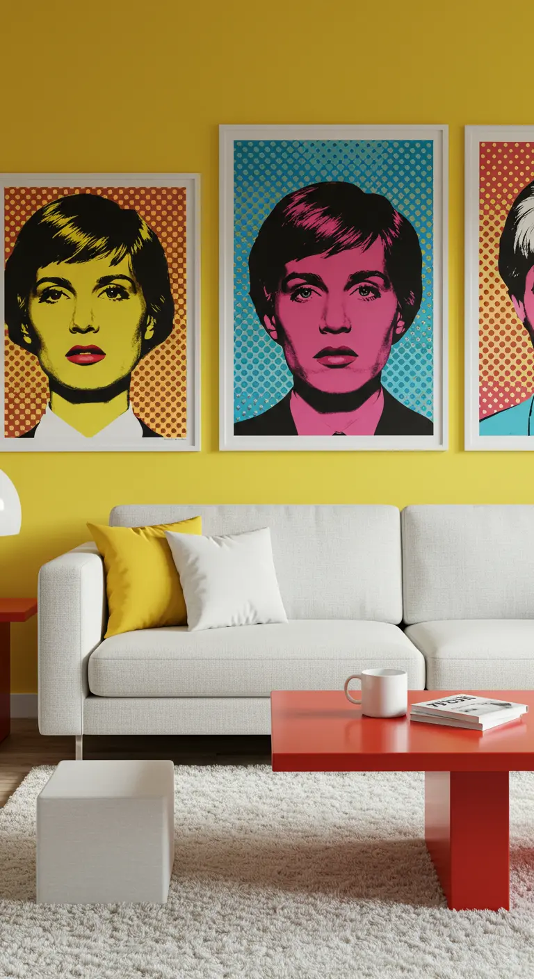 Mur jaune vif avec trois grands portraits de style Pop Art alignés au-dessus d'un canapé blanc.