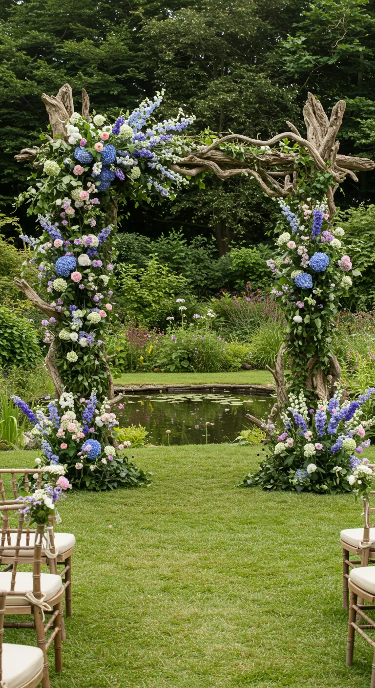 Arche de mariage en bois noueux avec des hortensias bleus et des fleurs roses.