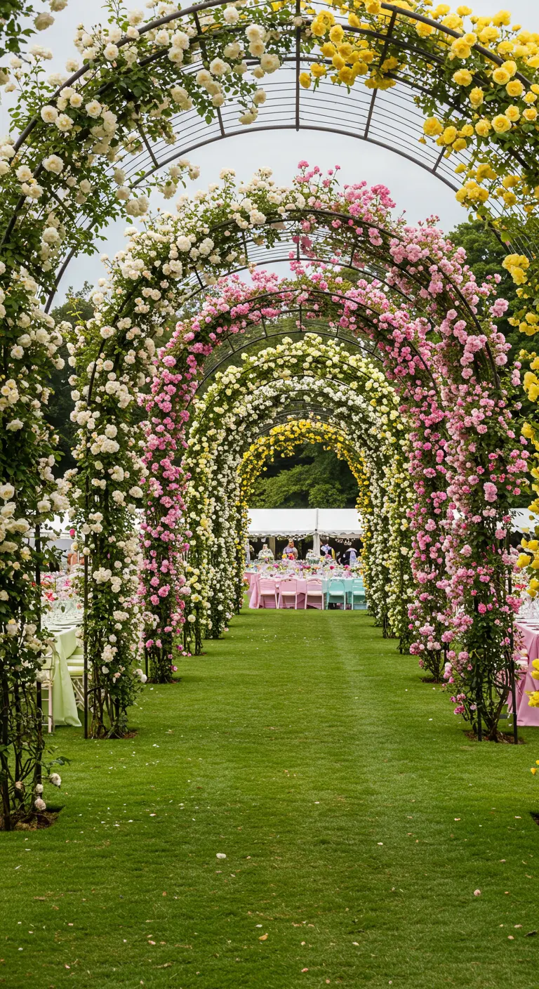 Allée de jardin formée par une succession d'arches métalliques couvertes de rosiers multicolores.