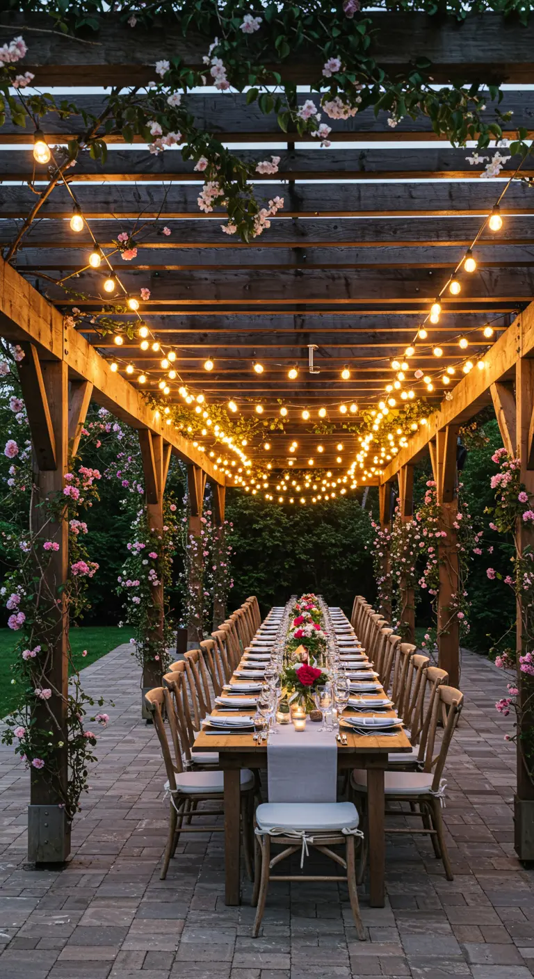 Longue table dressée sous une pergola en bois recouverte de fleurs et de guirlandes.
