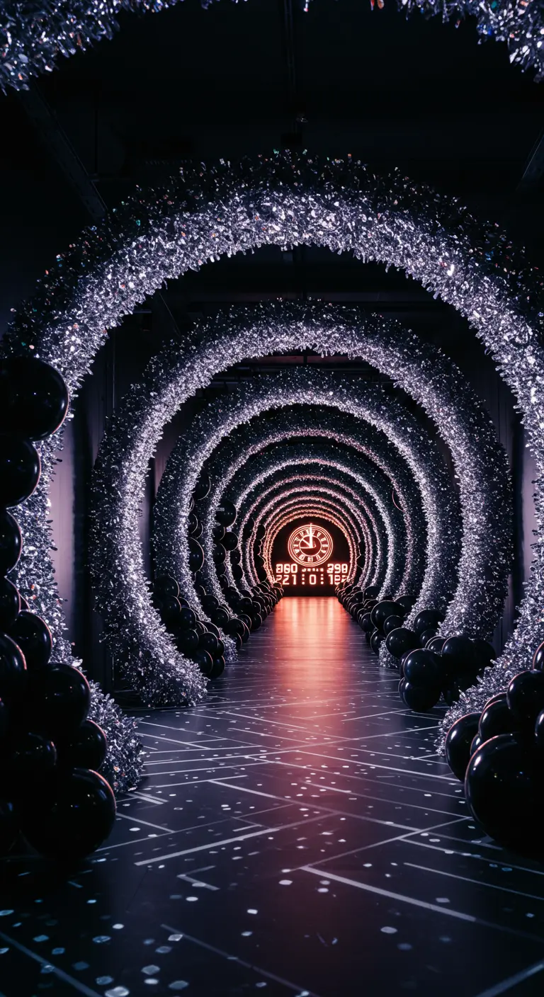 Tunnel d'arches argentées menant à une horloge lumineuse au fond.
