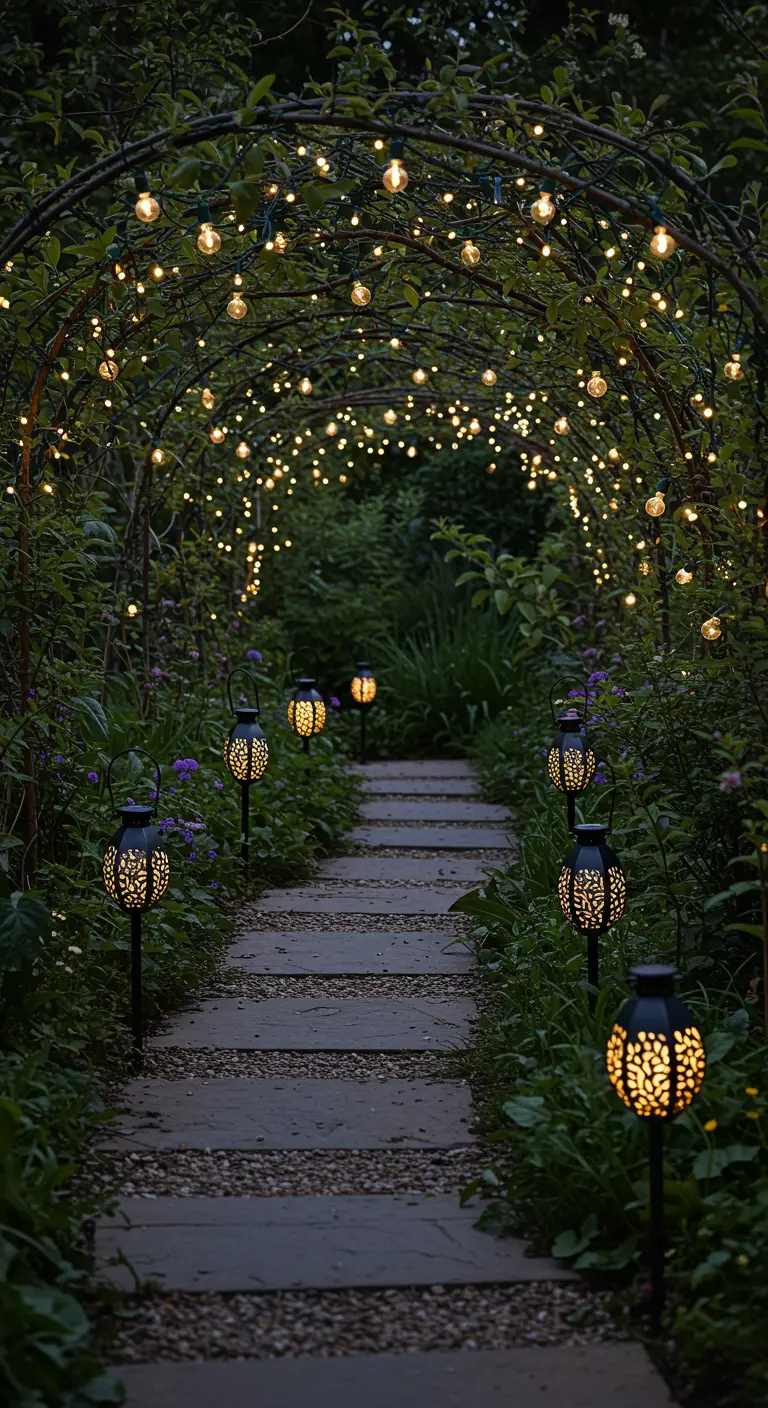 Chemin de jardin traversant une arche végétale entièrement recouverte de guirlandes lumineuses.