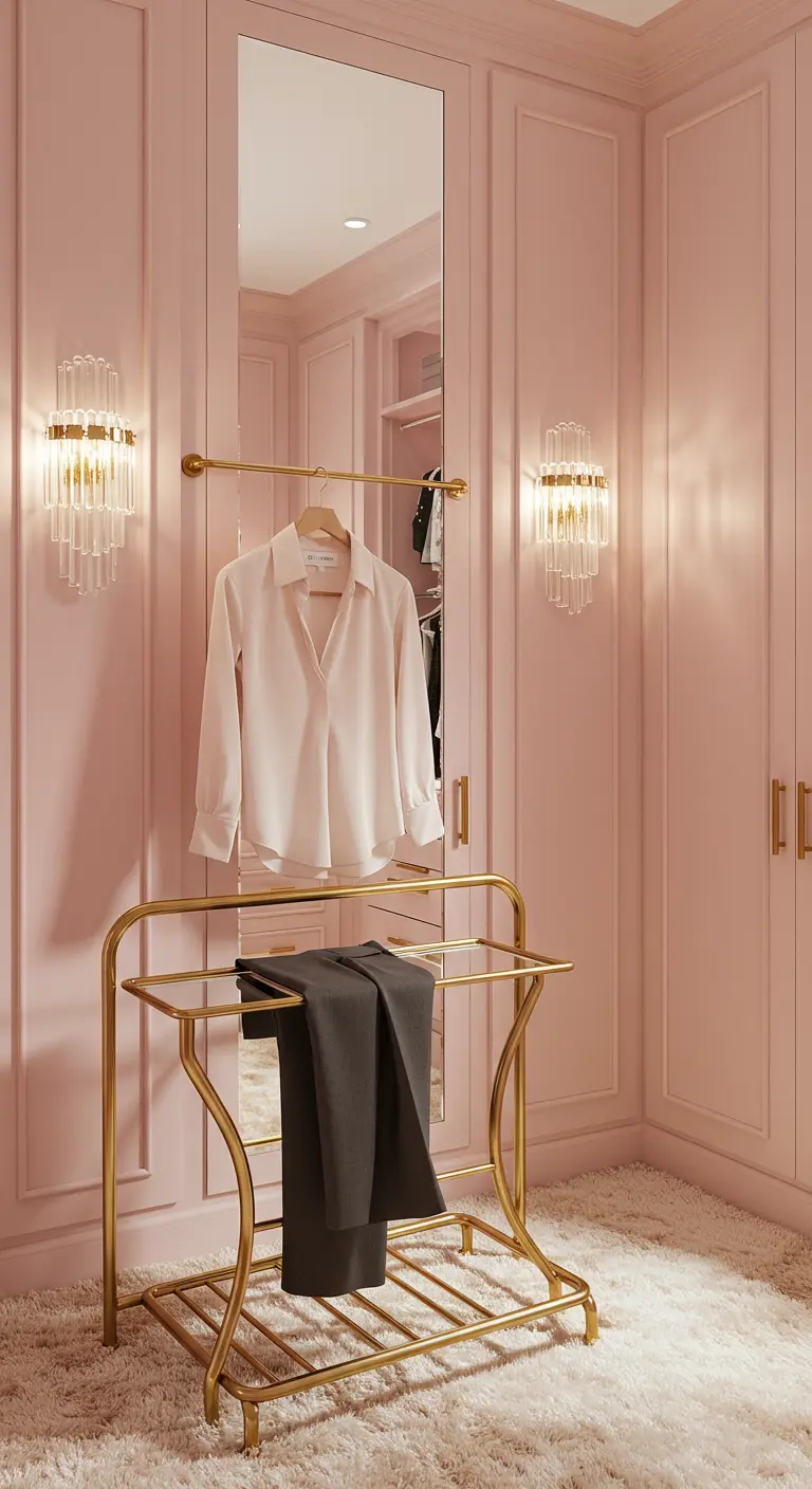 Dressing rose poudré avec un valet de chambre doré et des appliques murales.