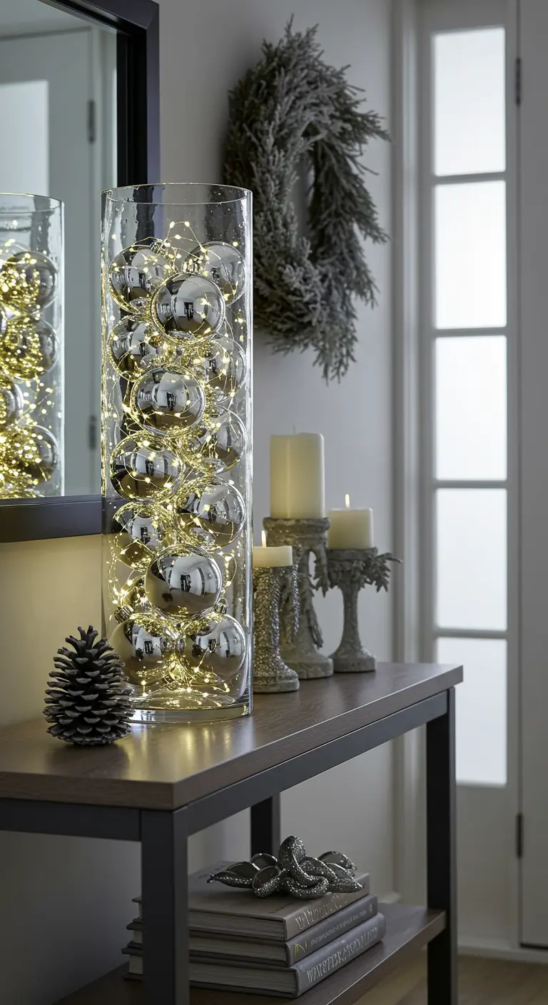 Grand vase en verre rempli de boules de Noël argentées et de guirlandes lumineuses.