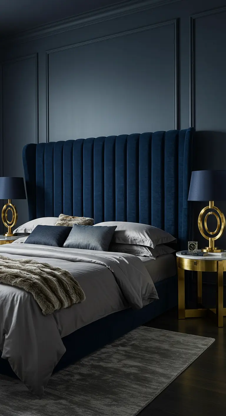 Une haute tête de lit en velours côtelé bleu nuit dans une chambre aux murs sombres.