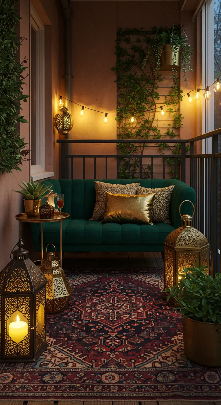 Balcon élégant avec un canapé en velours vert, des lanternes en laiton et un tapis persan.