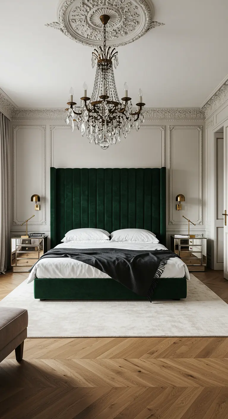 Tête de lit haute en velours vert émeraude dans une chambre haussmannienne.