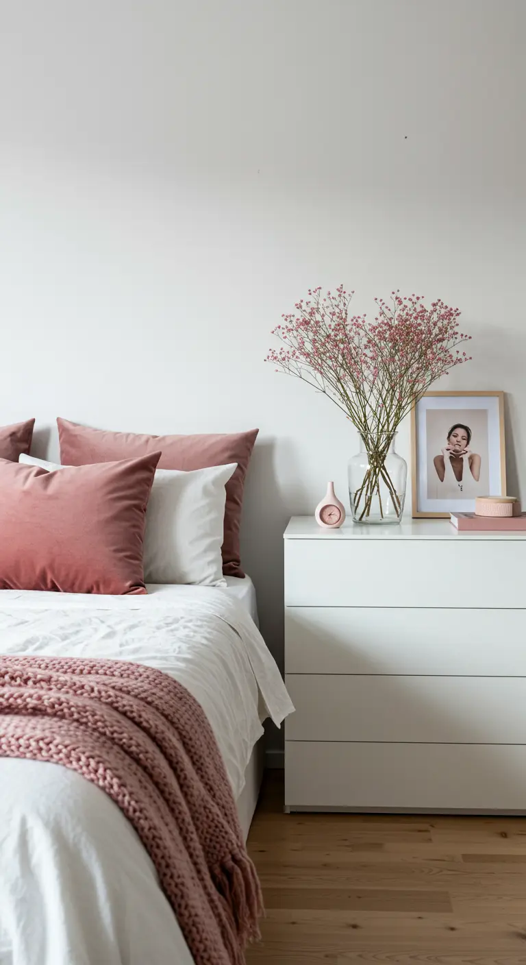 Lit avec des coussins en velours rose poudré et une commode blanche.