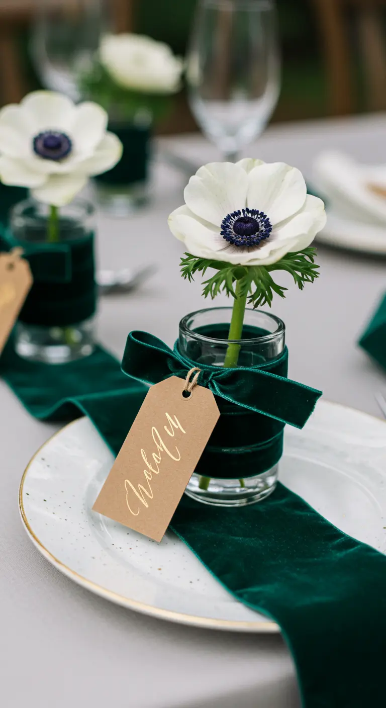 Petit vase en verre enveloppé de velours vert avec une anémone blanche.