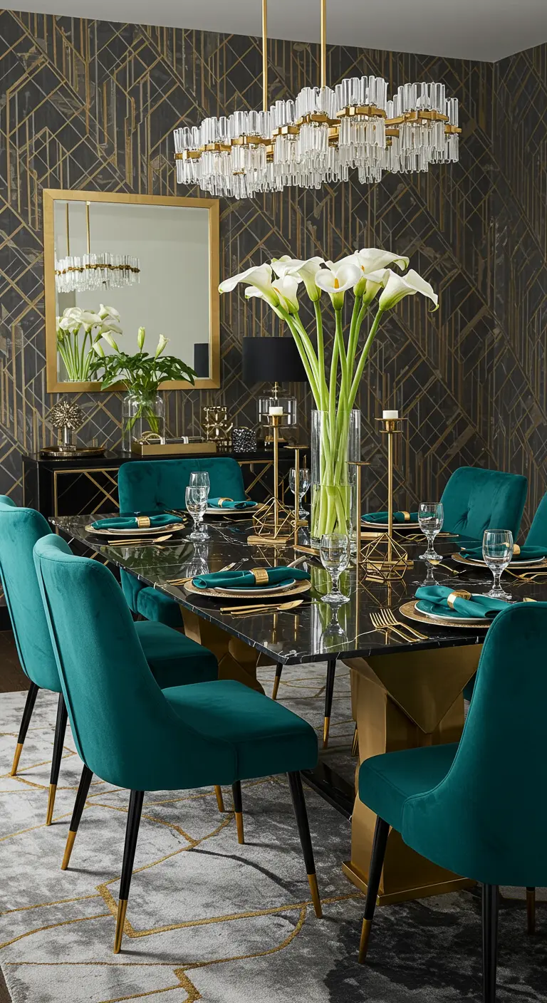 Salle à manger Art Déco avec table en marbre noir, chaises en velours sarcelle et grand chandelier en cristal.