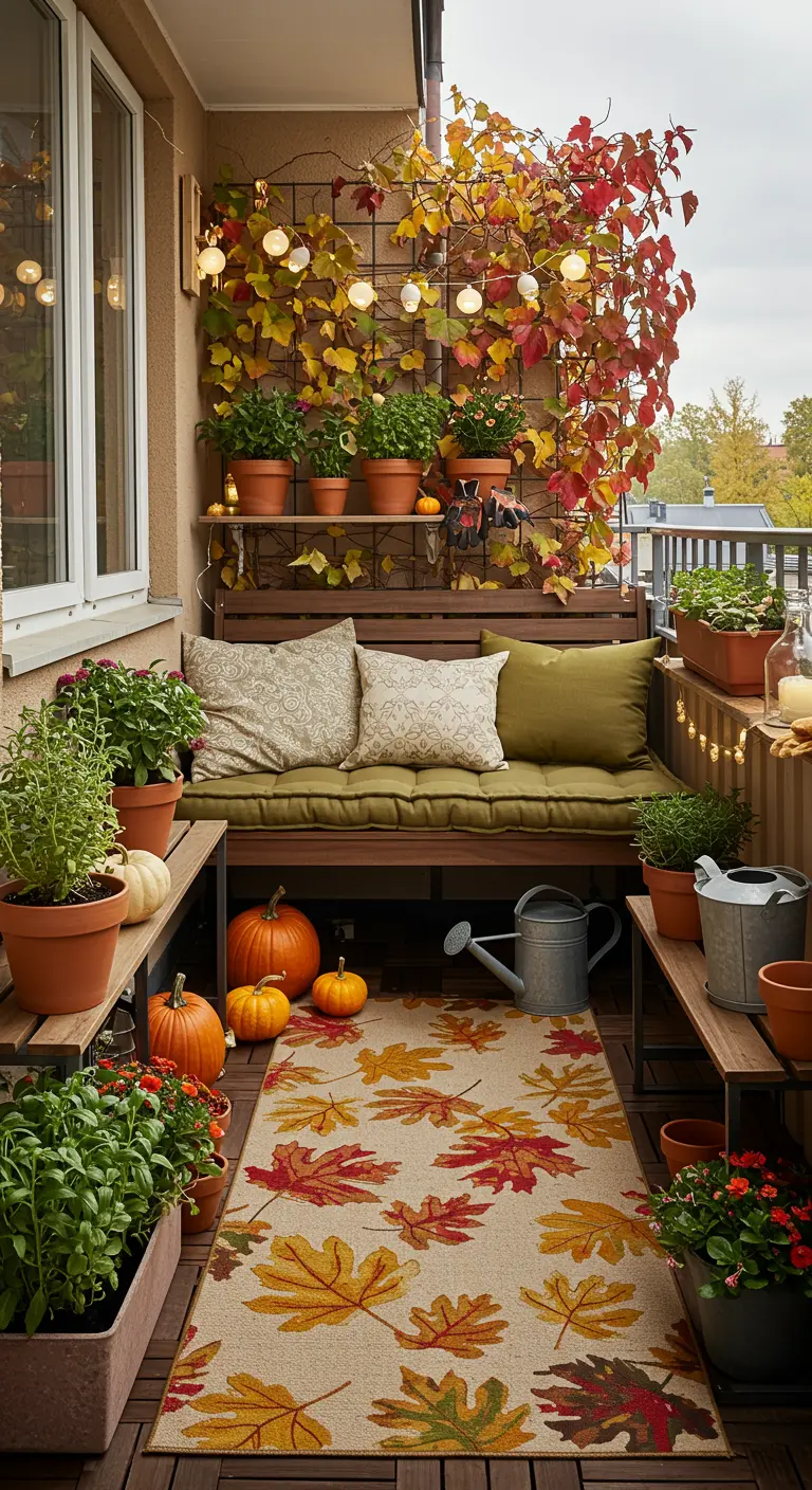 Balcon avec mur végétal de vigne vierge lumineuse, banquette, tapis feuilles d'automne et pots.