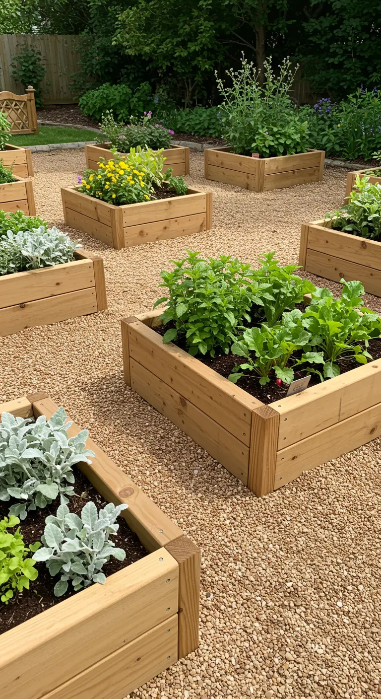 Jardin avec plusieurs jardinières carrées en bois clair, herbes aromatiques et légumes-feuilles sur gravier.