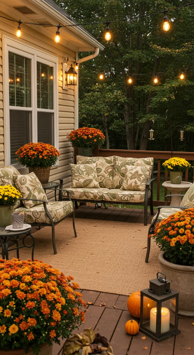 Terrasse avec salon de jardin fleuri, chrysanthèmes oranges, citrouilles, lanternes et tapis en jute.