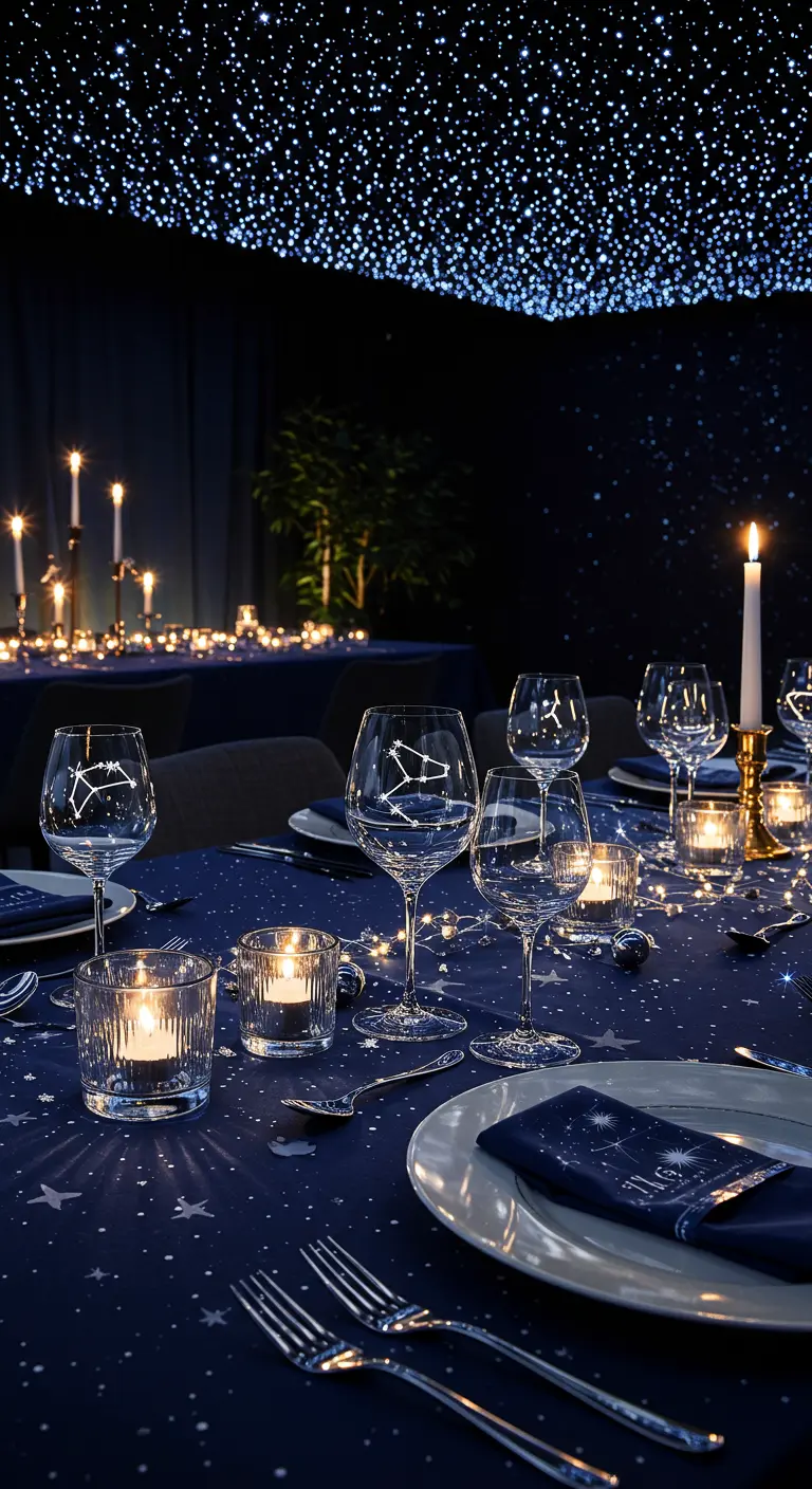 Table de fête sur le thème des étoiles avec des verres gravés de constellations.