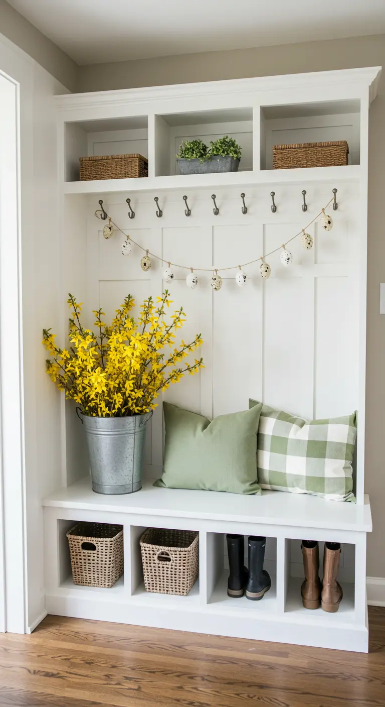 Banc d'entrée blanc décoré d'une guirlande d'œufs et d'un seau de fleurs jaunes.